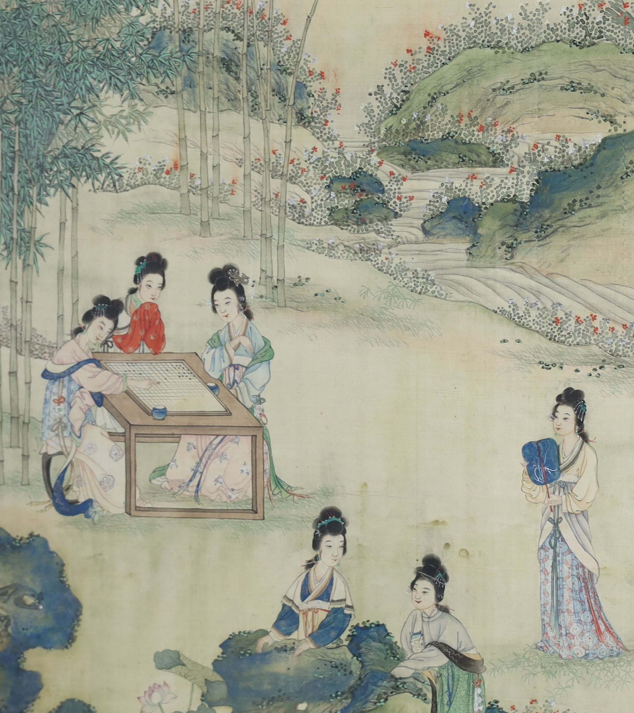 A pair of Chinese silk paintings of ladies in gardens, 19th century, Image 77cm x 41.5cm